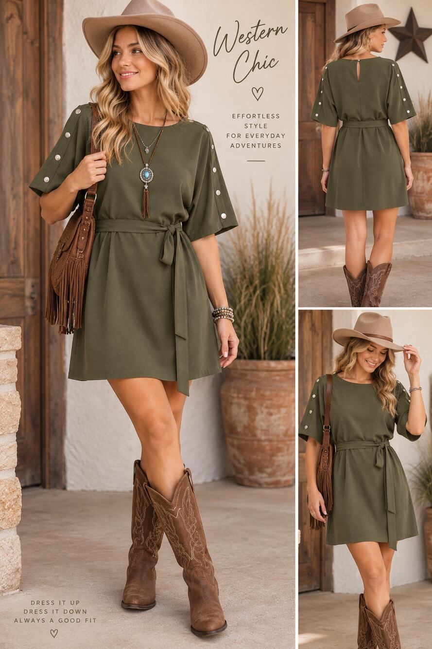 Spense Dress Size 8 Deep Olive Green Belted Snap Sleeve NWT